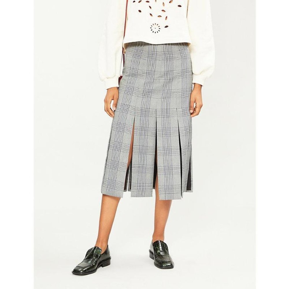 Maje Gray Plaid Midi Skirt with Front Slits